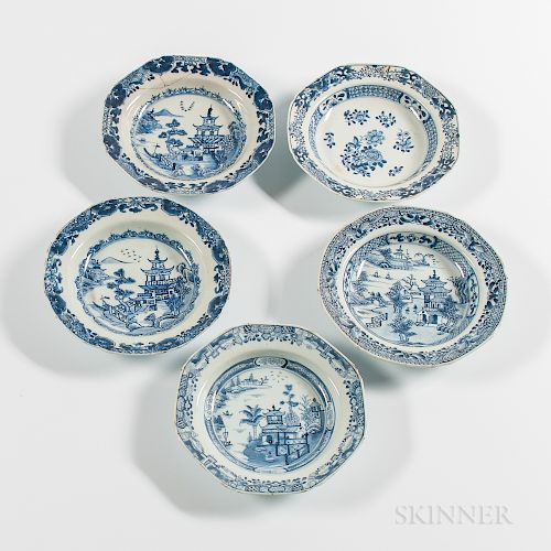 Five Blue and White Octagonal Export Porcelain Soup Plates