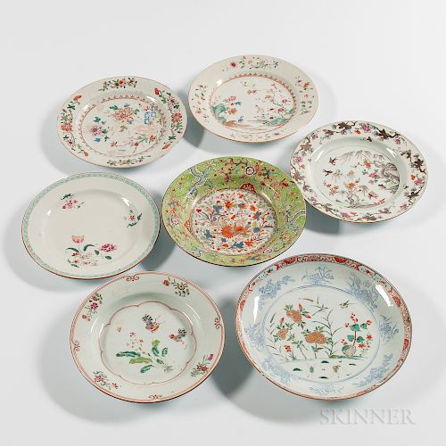 Seven Polychrome Decorated Export Porcelain Plates