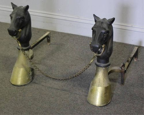 Pair of Vintage Brass and Iron Figural Andirons.