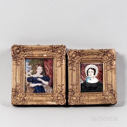 American School, Mid-19th Century  Pair of Portrait Miniatures of a Woman and a Girl