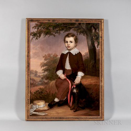 American School, 19th Century  Portrait of a Boy with His Dog and Purple Sunset Beyond