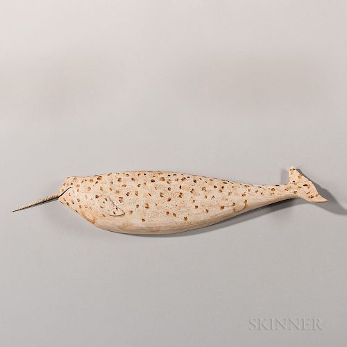 Carved and Painted Wooden Narwhal Plaque