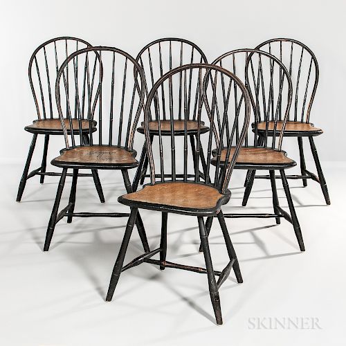 Set of Six Black- and Mustard Yellow-painted Bamboo-turned Bow-back Windsor Chairs