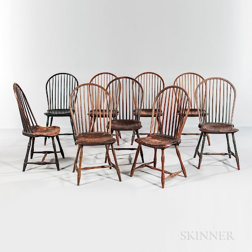 Assembled Set of Ten "Ten-spindle" Bow-back Windsor Chairs