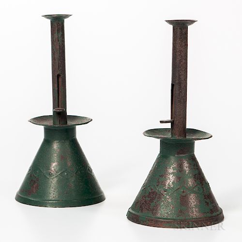 Pair of Blue-green Painted Punch-decorated Tin Pushup Candlesticks