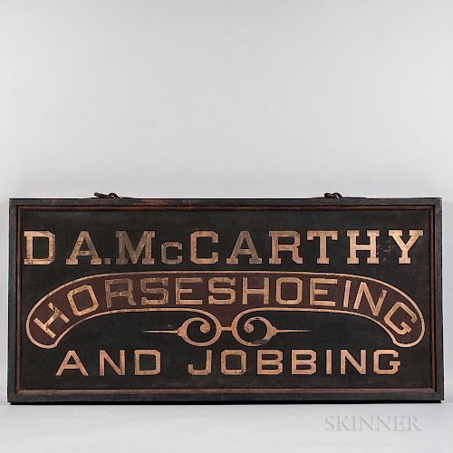 Black and Maroon-painted and Gilt-lettered  Double-sided "D.A. McCarthy Horseshoeing and Jobbing" Sign