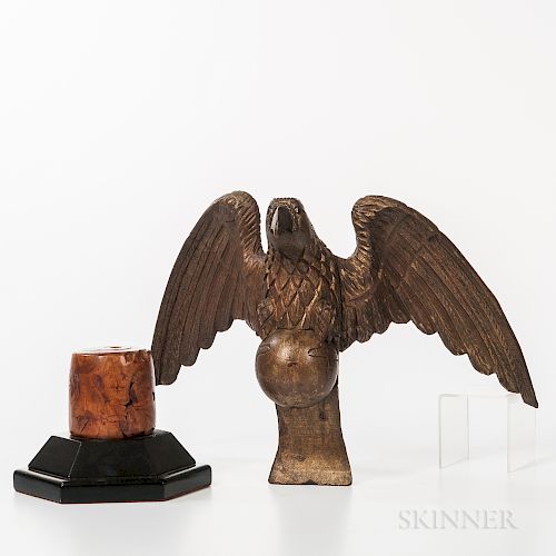Carved and Giltwood Spreadwing Eagle on a Cylindrical Burl Plinth