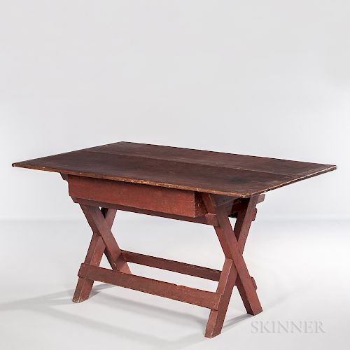 Red-painted Sawbuck Table with Drawer
