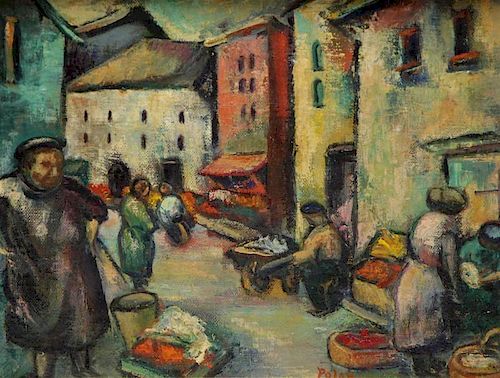 POLAN. Early 20th C. Oil on Canvas. Street Market