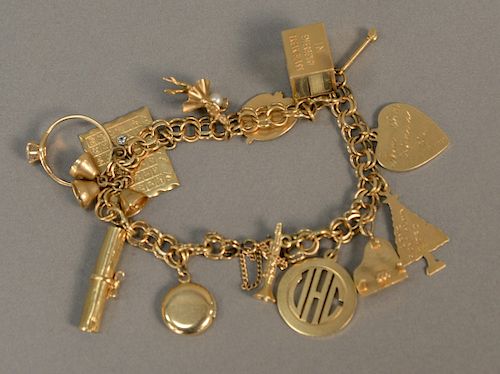 14K gold charm bracelet with 14K gold charms, 34.7 gr.