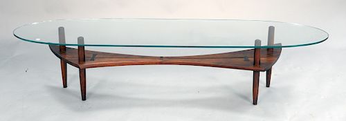 Rosewood coffee table attributed to Richard Kagan having bowtie joinery with sculpted bowtie walnut boards and racetrack glass top. ...