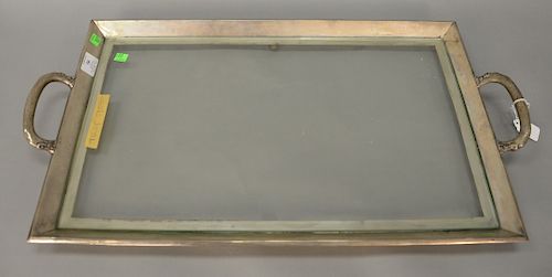 Sterling silver Hechoen Mexican tray with glass insert and two handles, 15 3/4" x 28 1/2", net troy ounces: 70.4. Provenance: An Est...