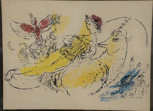 Marc Chagall colored lithograph, "The Accordionist," having bird with a figure in image. Sight size 18 1/2" x 24"