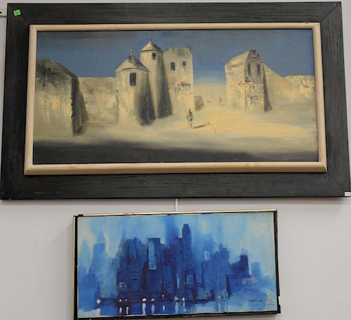 Group of three contemporary paintings to include Tosi, oil on canvas, Figure in desolate landscape; Weintraub Blue Astraction City, ...