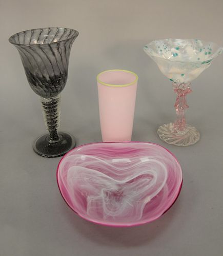 Group of artglass to include set of six martini glasses, artist signed illegibly; group of five leopard goblets, set of six bowls an...