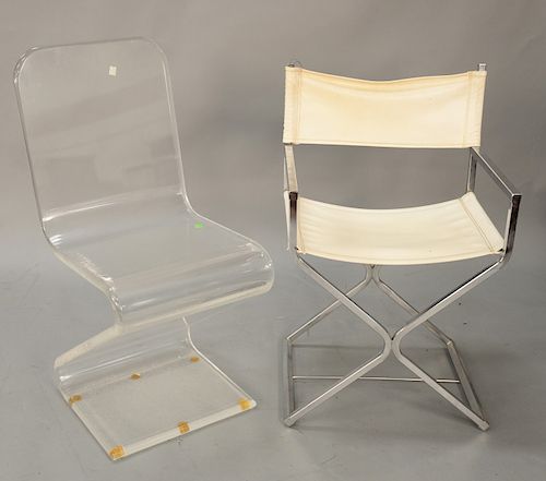 Three piece lot to include Lucite Z chair and chrome armchair, along with a Welitron spaceball helmet track radio, marked Weltron 8 ...