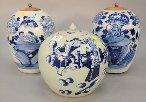 Three Chinese ginger jars to include a pair of blue and white and a celadon with blue. celadon ht. 12 1/2., blue and white ht. 10 in.