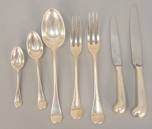 English sterling silver part flatware service to include eleven soup spoons, seventeen teaspoons, sixteen demitasse spoons, six espr...