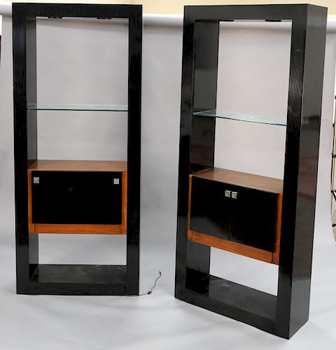 Pair of modern bar cabinets with glass shelves along with matching vanity desk having two drawers. Cabinet ht. 91 in., wd. 38 12 in;...