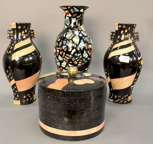 Four Maitland-Smith piece to include three vases and a stone veneer covered box , ht. 8 1/2 in. to 16 1/2 in.