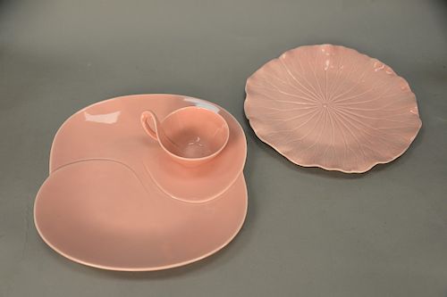 Mid century modern pink china set to include twenty seven plates, eighteen cups and misc small plates, 61 total pieces.