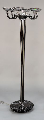 Six light torchiere lamp, chrome and black with a black and white marble disc-form base. Ht. 65 1/2 in.