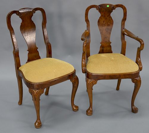 Set of ten Queen Anne style dining chairs with burlwood splats.