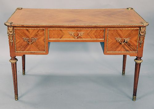 Louis XVI style writing desk with brass mounts. ht. 29 1/2 in., top: 25" x 48".