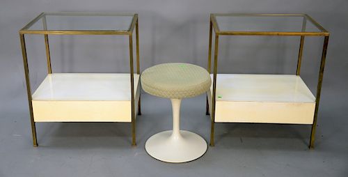 Three piece modern lot to include a pair of Baughman Era cream lacquered brass framed stands, one drawer with invisible finger pull ...