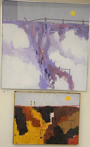 Two oil on canvas abstract paintings, both stamped illegibly. 30" x 24" and 40" x 40".