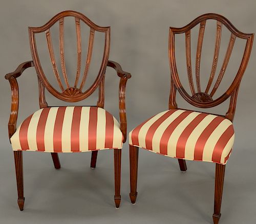 Set of six Baker Federal style dining chairs with fully upholstered seats to include two armchairs and four side chairs.