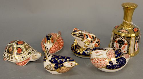 Royal Crown Derby six piece group to include figure of a turtle, pheasant, nesting bird, small bird, frog and a bell. Ht. 2 in. to 5...