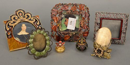Jay Strongwater eight piece enameled group to include enameled and jeweled frog and bug frame, enameled picture frame, three small p...
