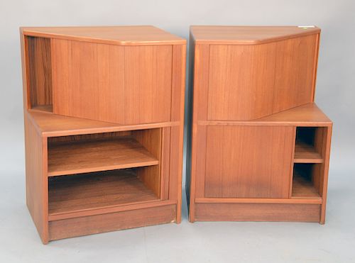 Pair of Hundevad side cabinets, teak with roll door sides, marked Hundevad, height 33.5 inches, width 24.5 inches, depth 18 inches.