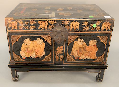 Chinese lacquered and painted lift top box, ht. 18 1/2 in., top: 16" x 24 1/2".
