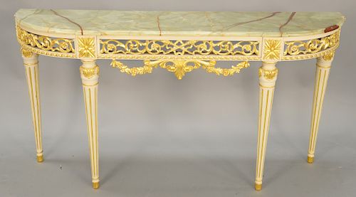 Louis XVI style hall table with onyx top. height 33 inches, width 64 inches.