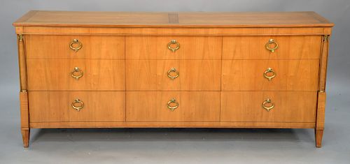 Three piece lot to include Neoclassical Baker nine drawer long chest or dresser having tambore doors, along with two side tables, ht...