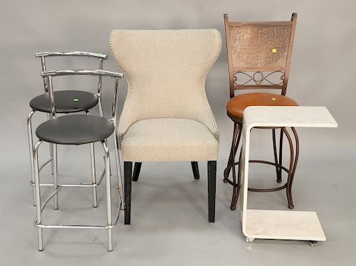 Nine piece group of contemporary furniture to include three stools, three small tables, two mirrors, and a side chair.