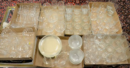 Eight tray lots of glass to include Schott Verran glasses, stemware, red and white wine champagne crystal bowls and plates. Provenan...