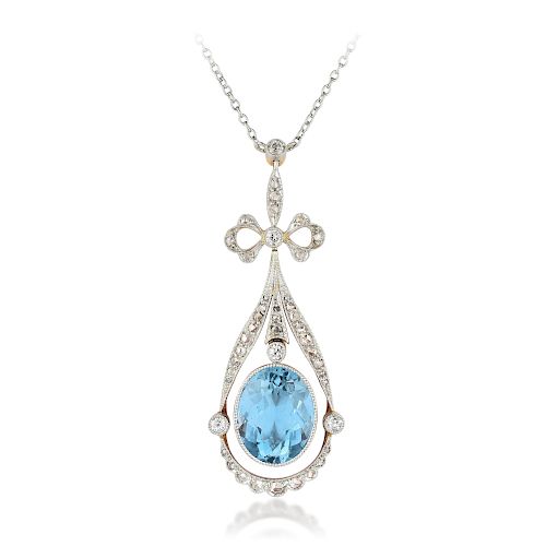 Edwardian Aquamarine and Diamond Pendant Necklace