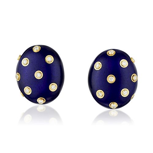 Andrew Clunn Blue Enamel and Diamond Earclips