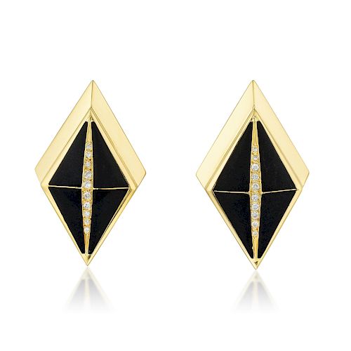 A Pair of Onyx and Diamond Earclips