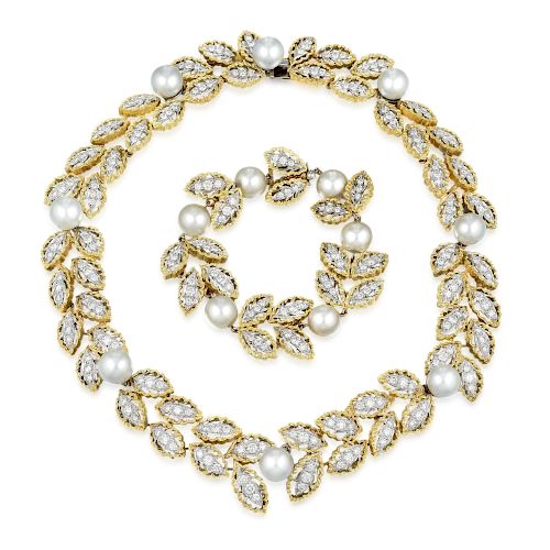 A Diamond and Cultured Pearl Necklace and Bracelet Set, Italian