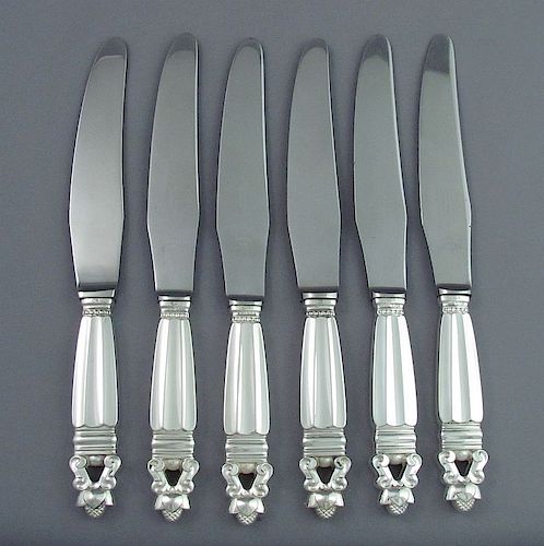 Six Georg Jensen Acorn Pattern Dinner Knives