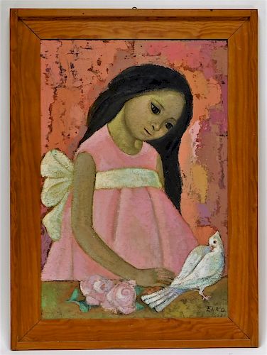 Mexican Social Realist Painting of a Girl & Dove