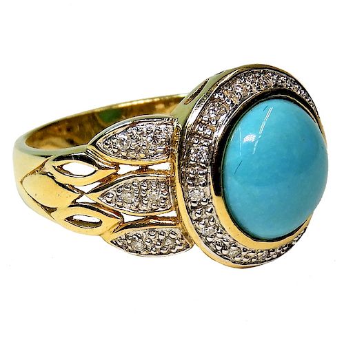 Estate 14K Gold Turquoise & Diamond Lady's Ring