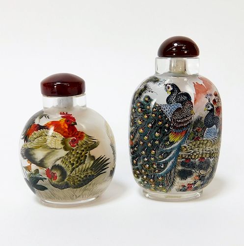 2PC Chinese Hand Painted Avian Glass Snuff Bottles