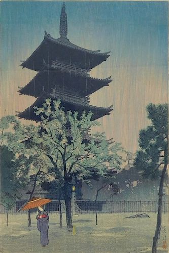 Shiro Kasamatsu Rainy Pagoda Landscape Woodblock