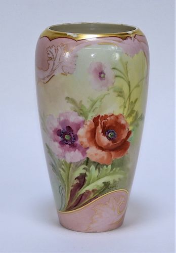 American Belleek Porcelain Pink & Red Peony Vase
