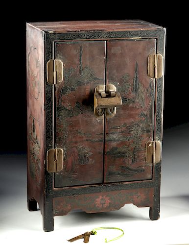 19th C. Chinese Lacquered Wood & Brass Desk Cabinet